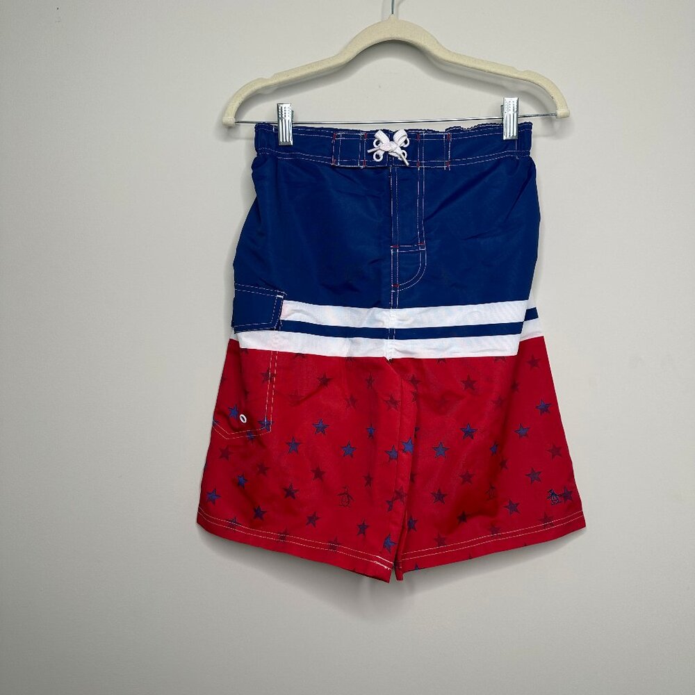 NEW Penguin by Munsingwear Boys Patriotic Red White Blue Swim Shorts Large